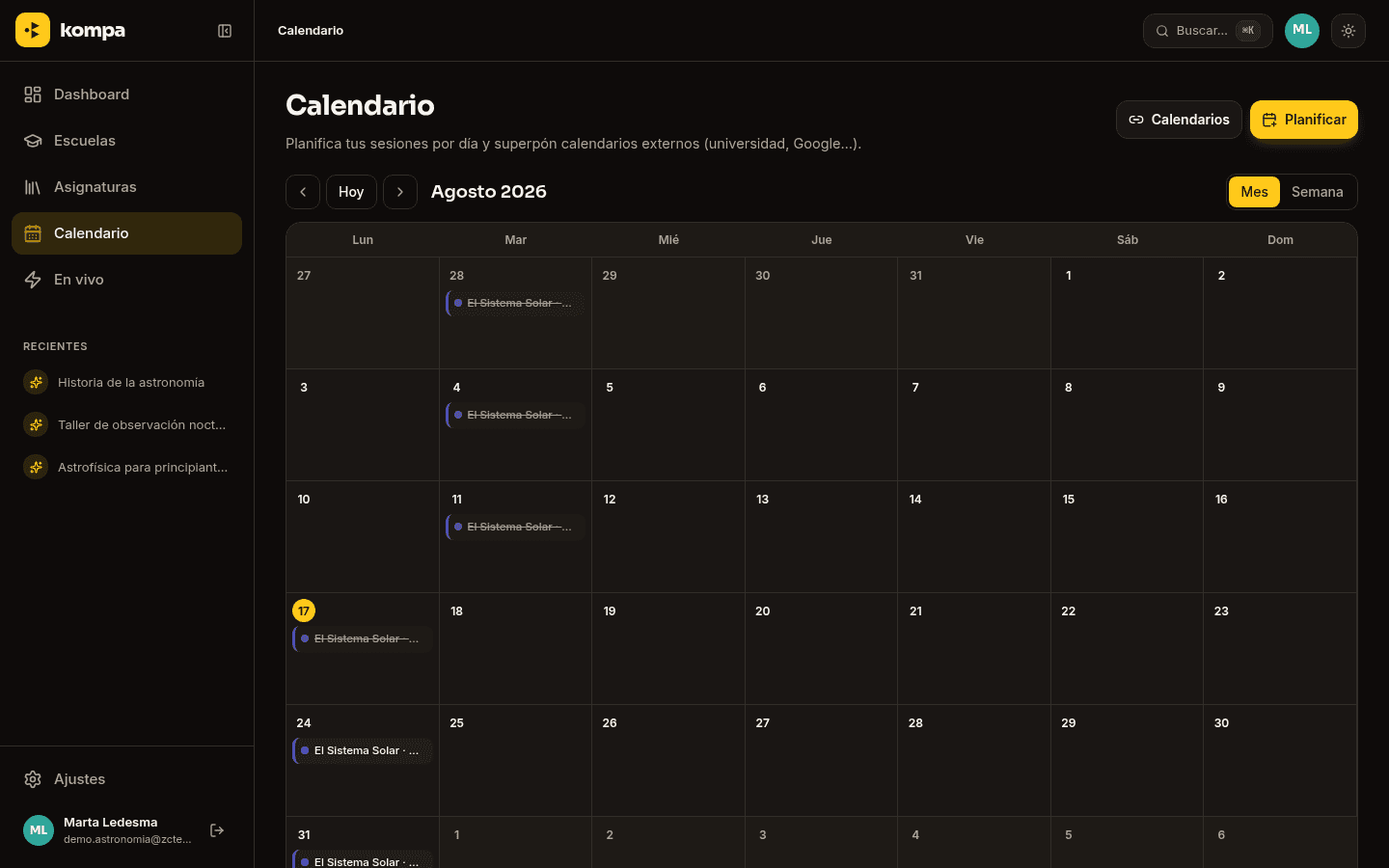 Calendario mensual de Kompa con las clases ya dadas y las sesiones planificadas.