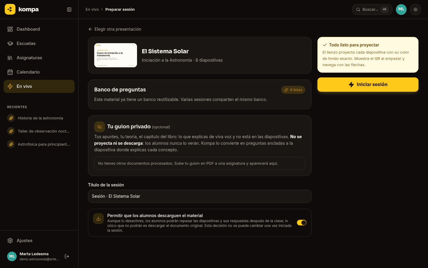 Preparación de una sesión en Kompa: material elegido, banco de preguntas listo, guion privado del profesor y control de descarga del material.